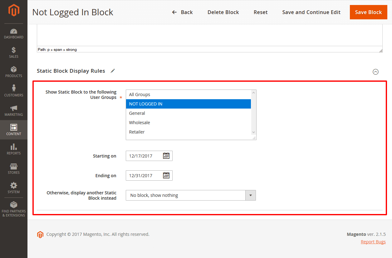 Static Block Display Rules Configuration in Magento 2