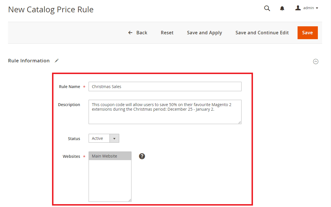 Rule Information Settings in Magento 2