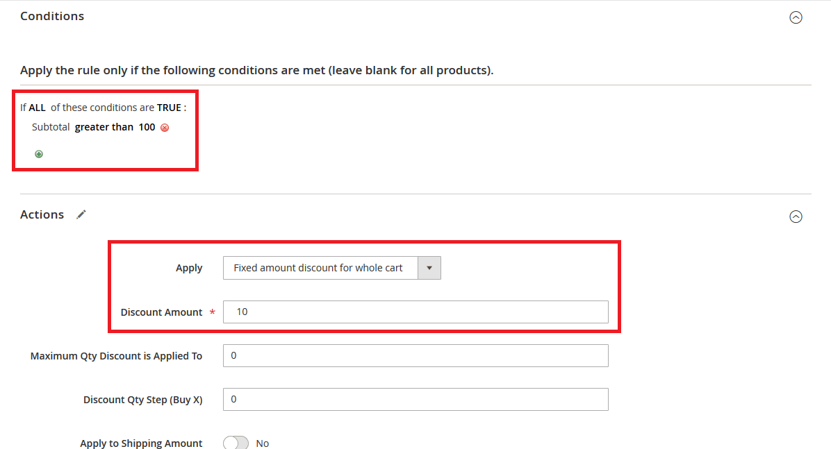 Settings for Conditions and Actions in Magento 2