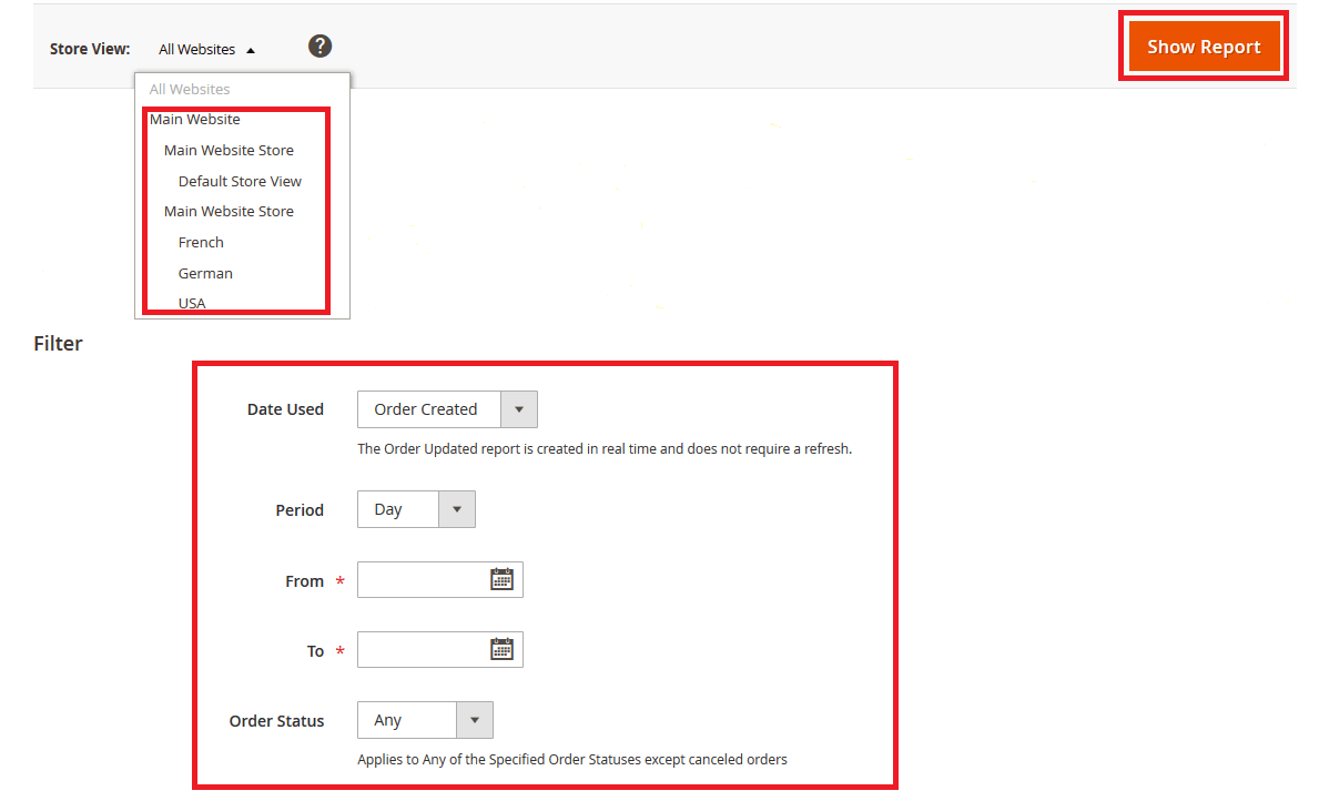 Settings for Filtering Reporting Data in Magento 2