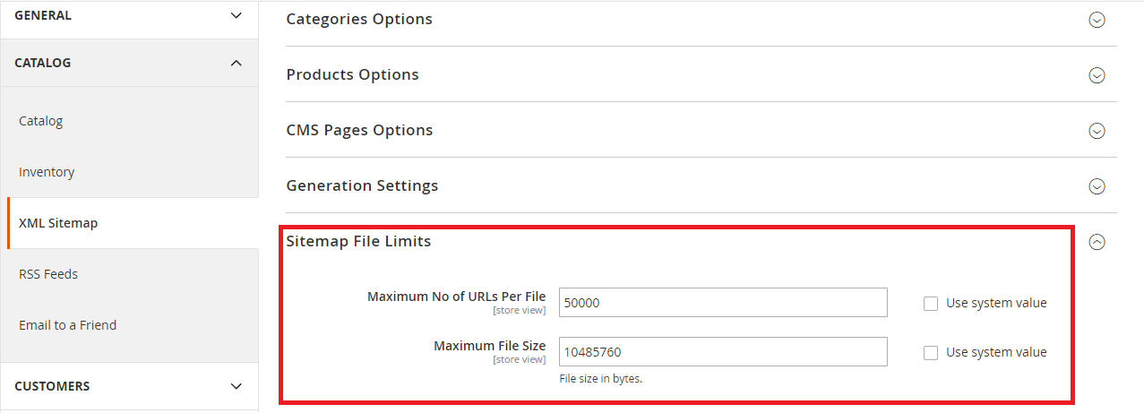 Sitemap File Limits Settings in Magento 2