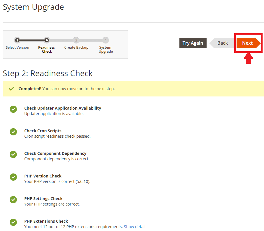 Results of the readiness check in Magento 2