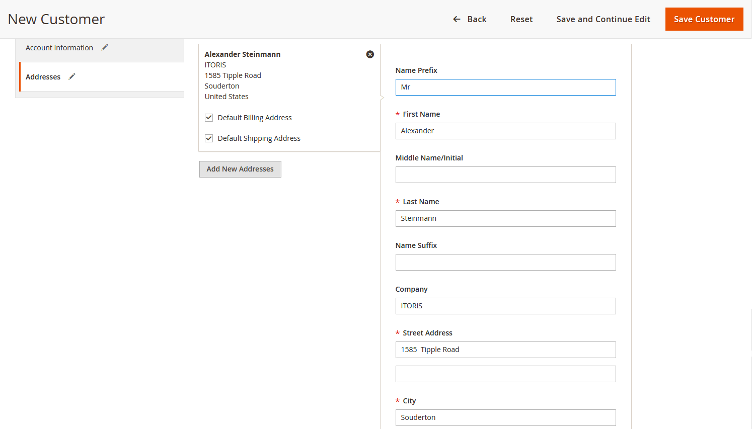 Entering an address for a new customer in Magento 2