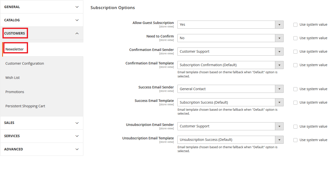 Newsletter subscription options in Magento 2