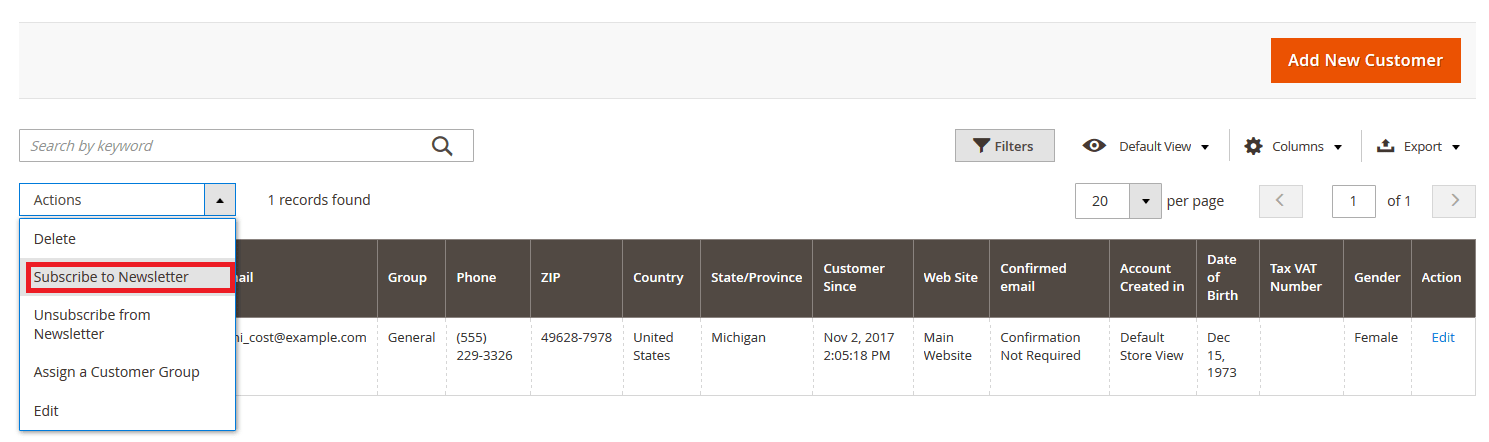 Settings for managing newsletters in Magento 2