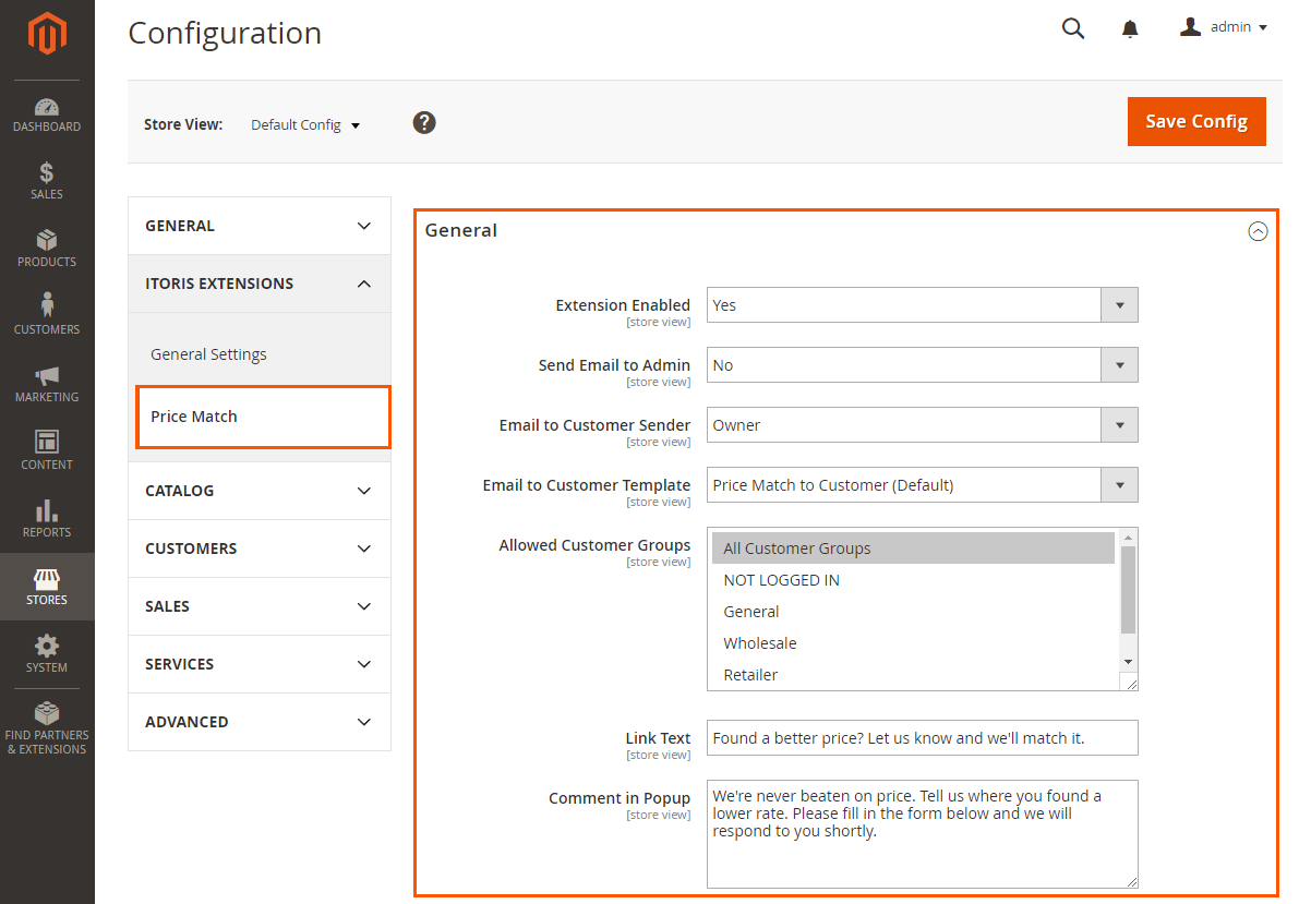 The Price Match General Settings in Magento 2