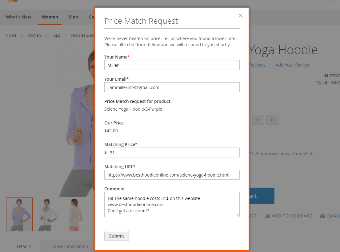 The Price Match Request Form on Frontend in Magento 2