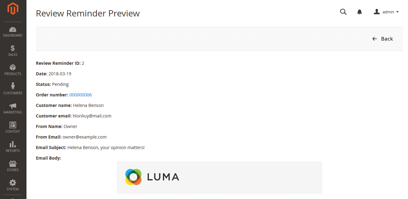 The Review Reminder Preview for Admin in Magento 2