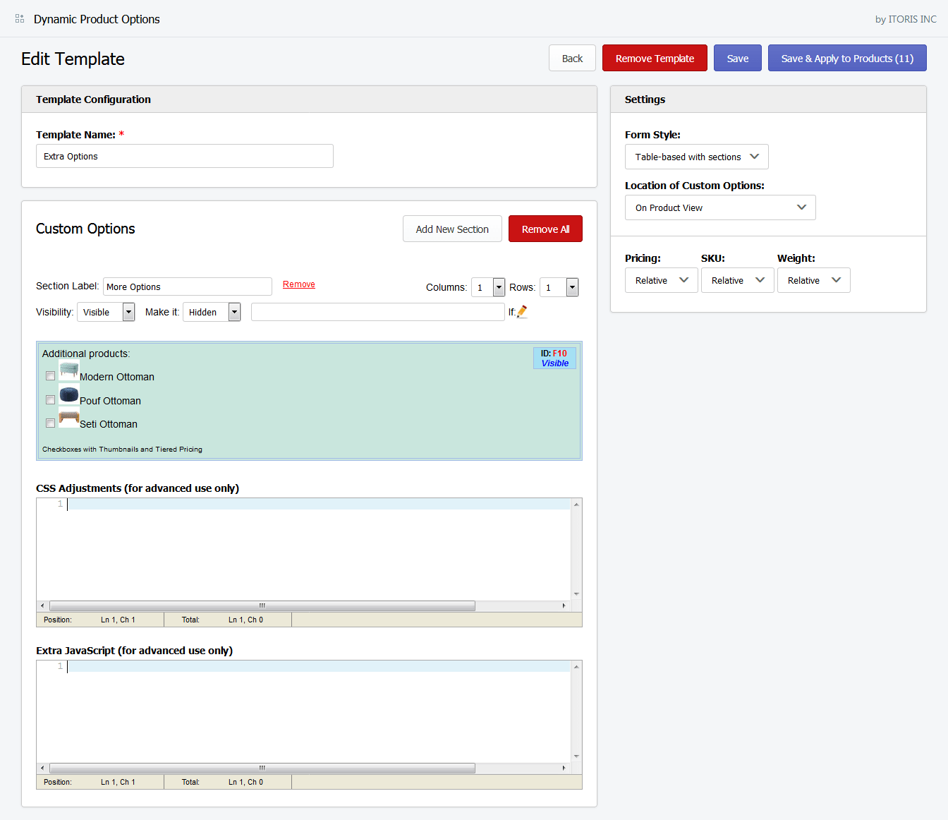 Shopify edit custom options template
