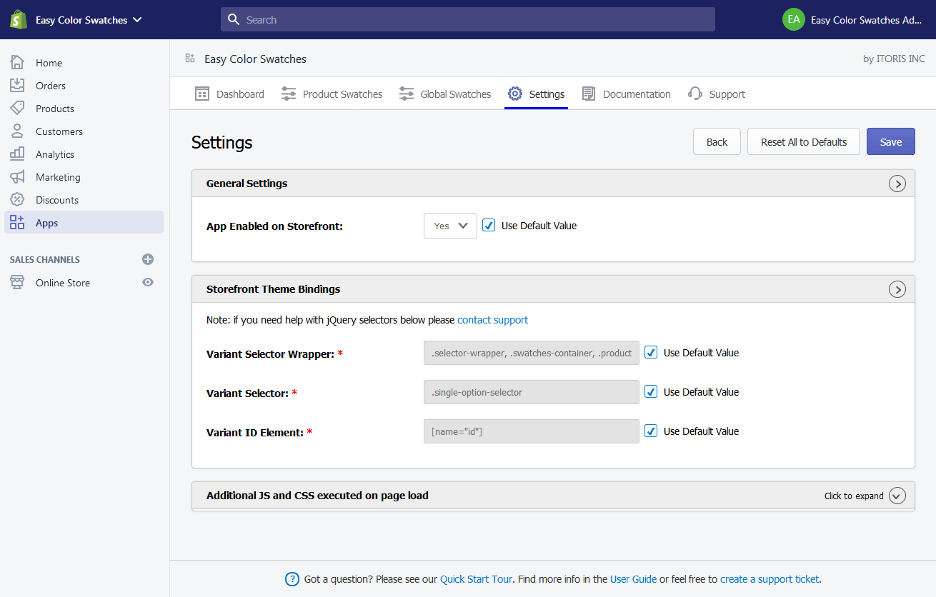 Shopify color swatches settings