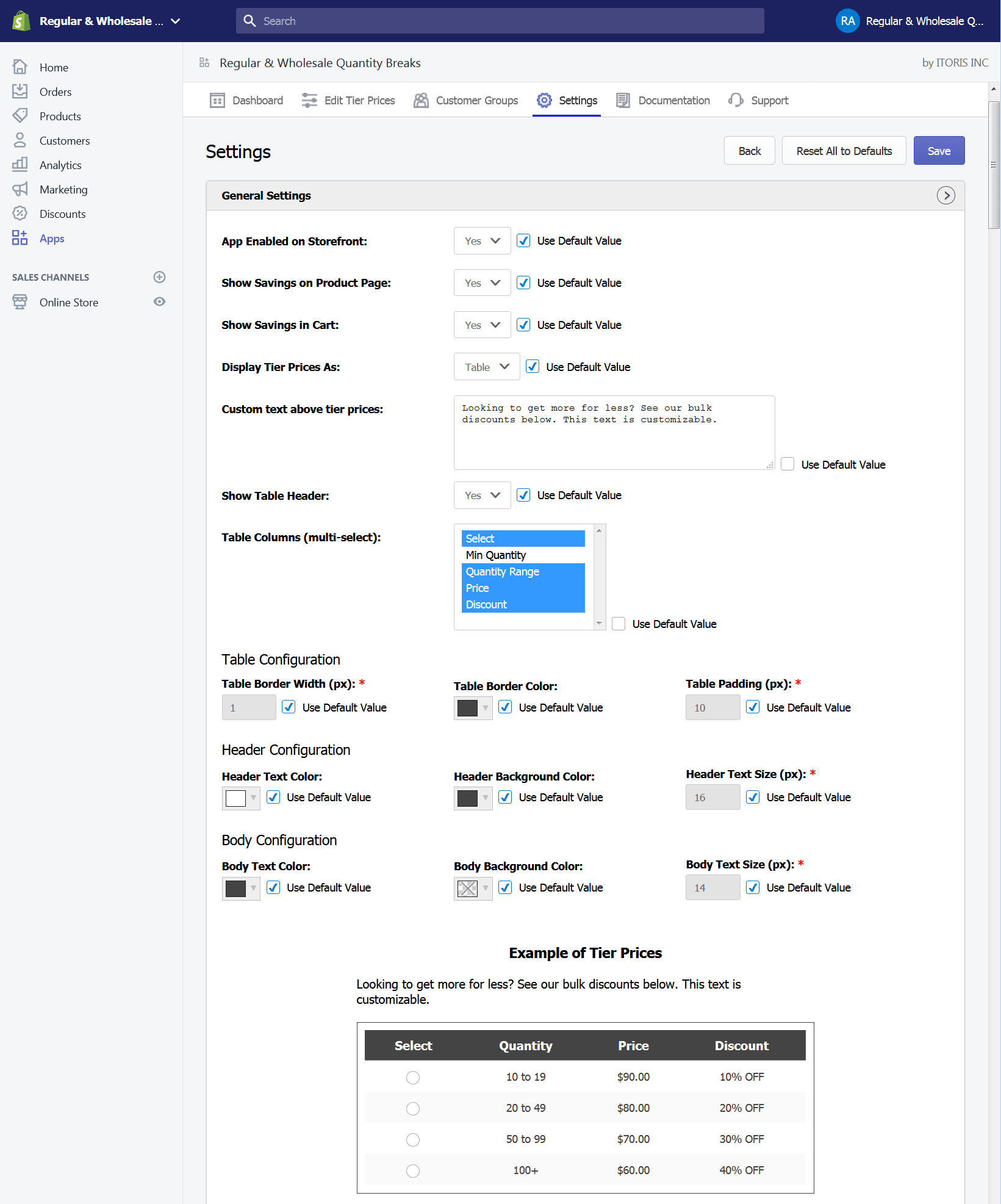 Shopify quantity breaks general settings