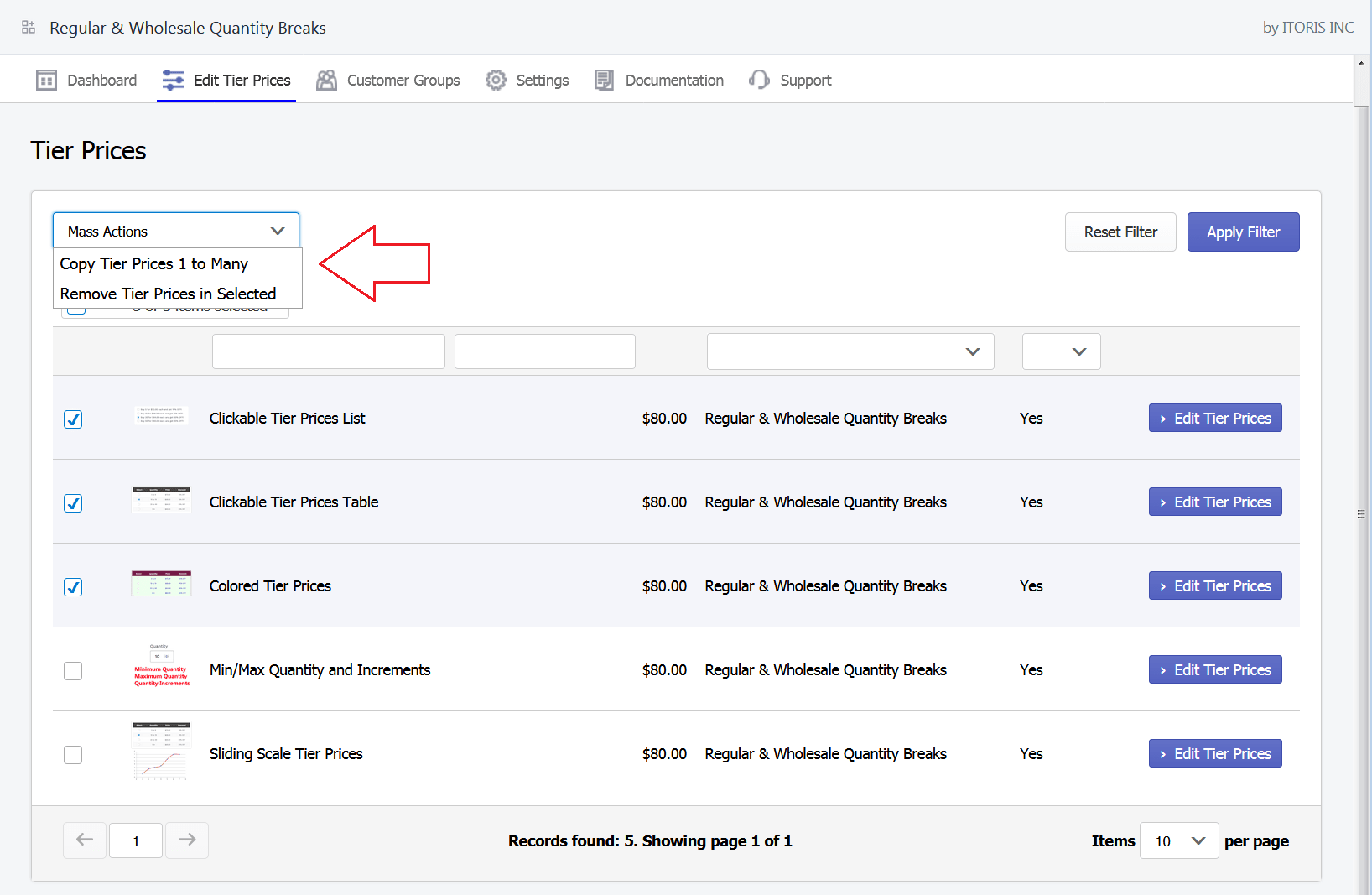 Shopify quantity breaks mass actions